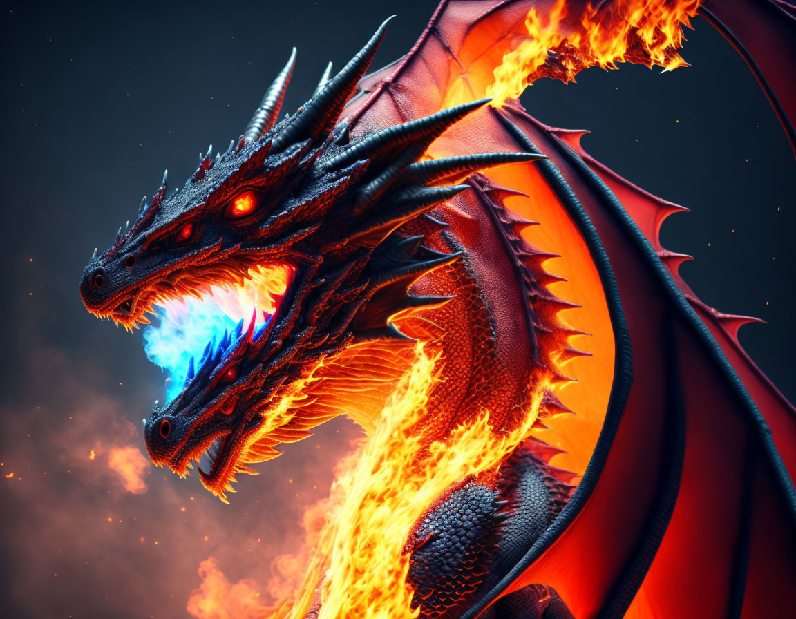 Two-headed dragon breathing blue fire in fiery clouds.