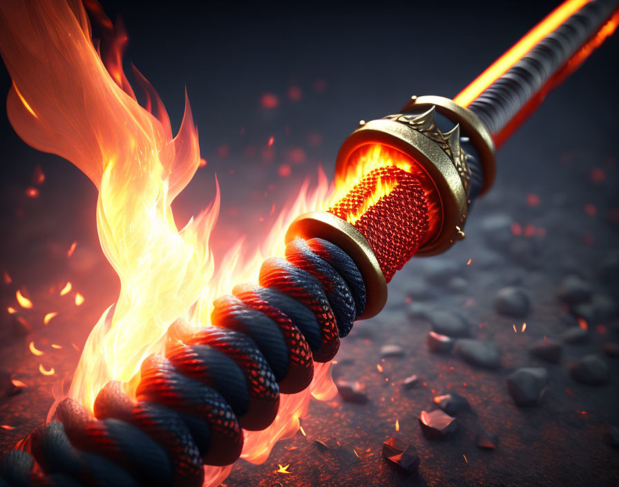 Detailed Flaming Sword with Blue and Red Thread-Wrapped Hilt on Dark Rocky Surface