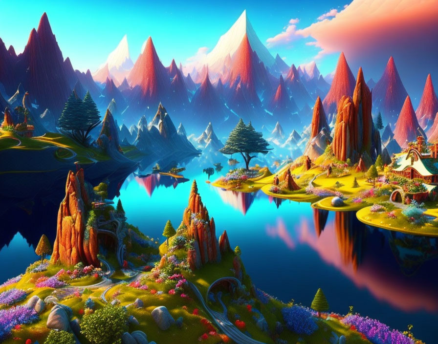 Colorful Flora, Blue Waters, Mountains, Sunset Sky: Fantasy Landscape