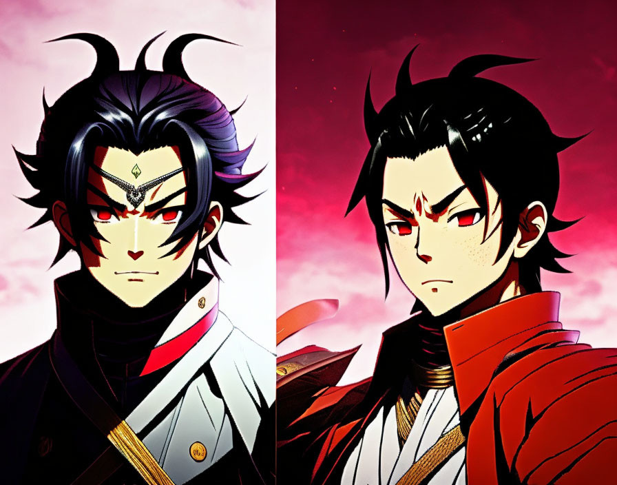 Stylized anime male characters in traditional Japanese attire with dark hair and red eyes