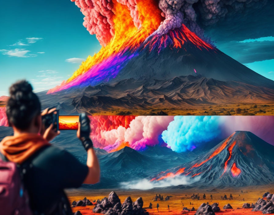 Person capturing vibrant erupting volcano with colored smoke on smartphone