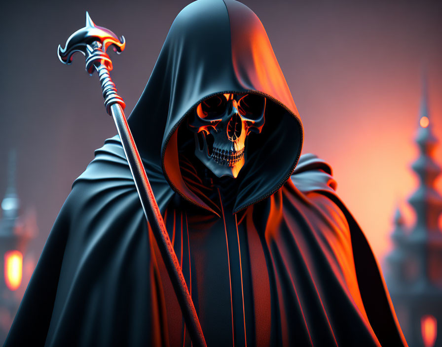 Sinister figure in black cloak with skull face and staff on blurry red background.