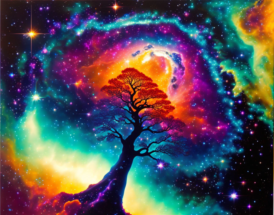 Colorful Cosmic Image: Solitary Tree Silhouette in Swirling Galaxy