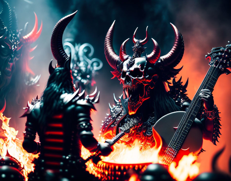 Fantasy demons playing electric guitars in fiery setting