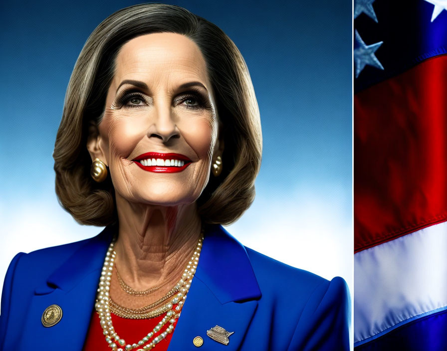 Portrait of Smiling Woman in Blue Blazer with Pearl Necklace against American Flag