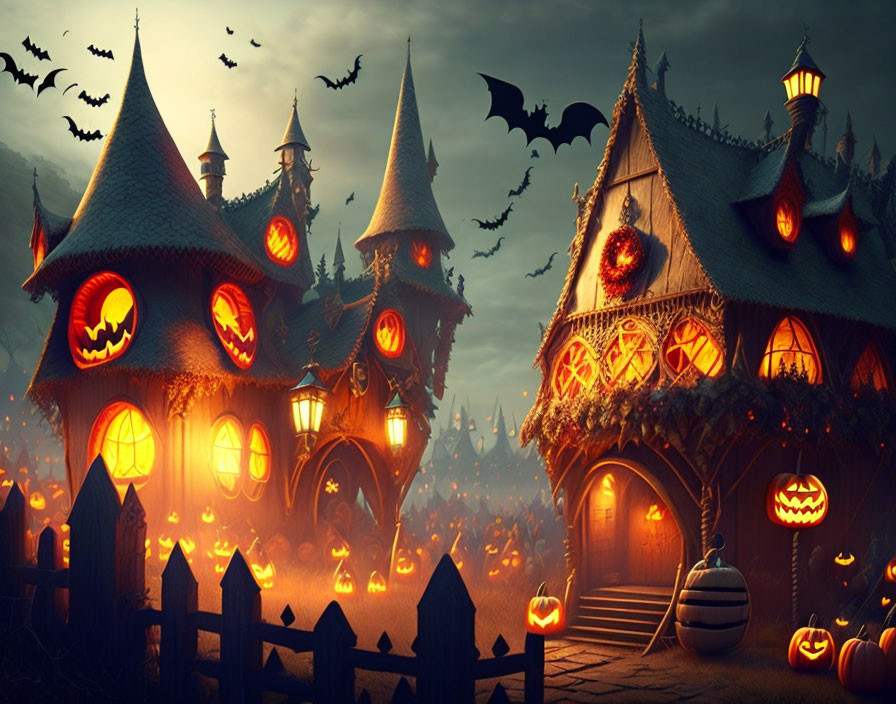 Eerie Halloween scene with jack-o'-lanterns, bats, and haunted houses