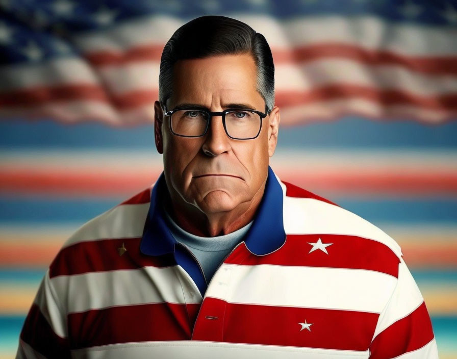 Animated character in patriotic attire with glasses in front of American flag