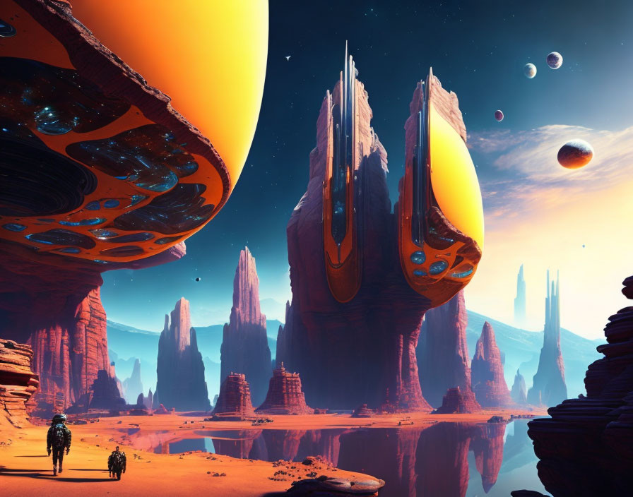 Futuristic alien landscape with moons, figures, and planet