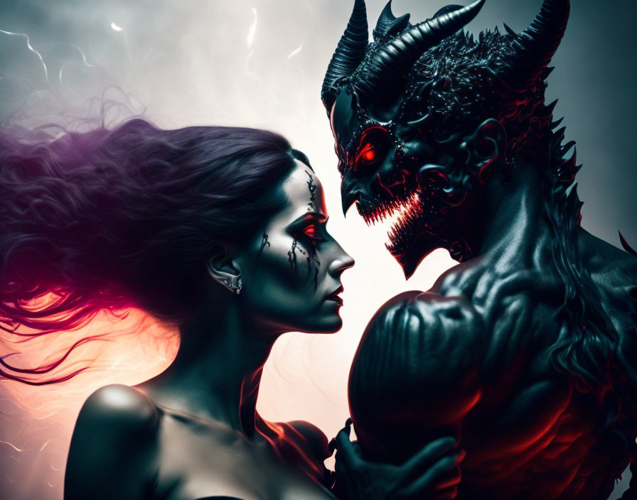 Woman with dramatic makeup confronts formidable creature with horns and glowing eyes in moody setting