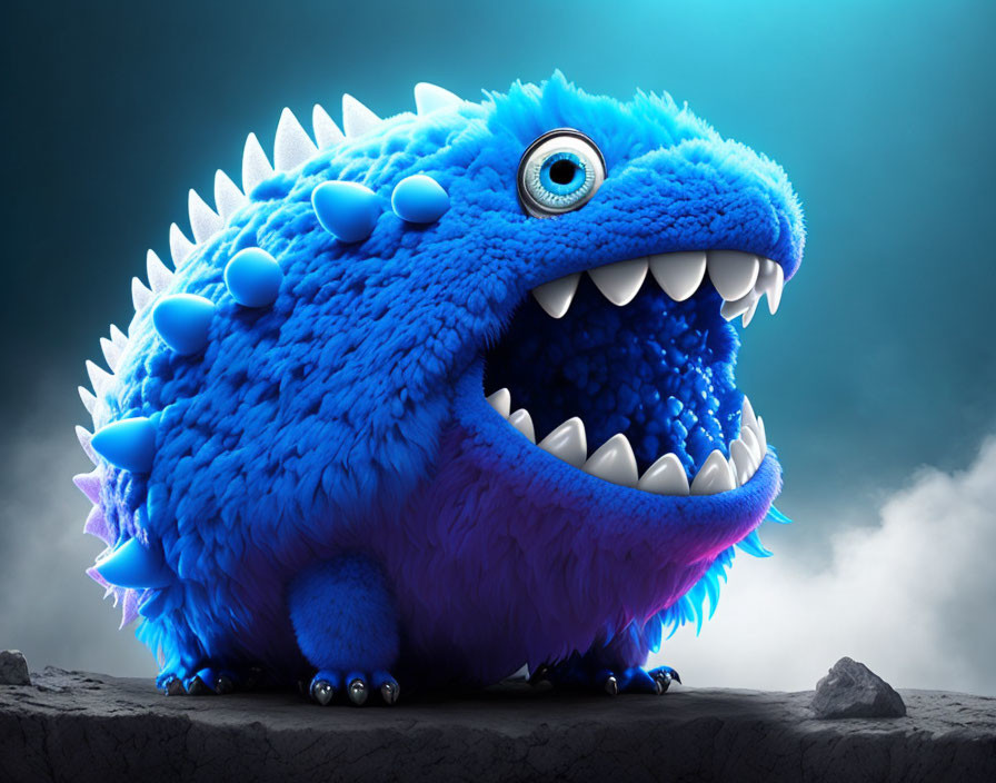 Blue fluffy creature with one eye, sharp teeth, and spiky ridges in misty setting