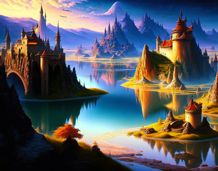 Fantastical landscape with castles, bridges, lake, mountains at sunrise/sunset