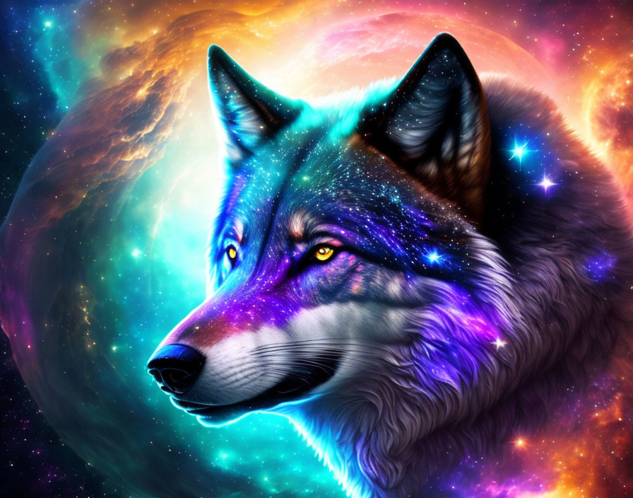 Vivid digital artwork of a wolf's head in cosmic setting