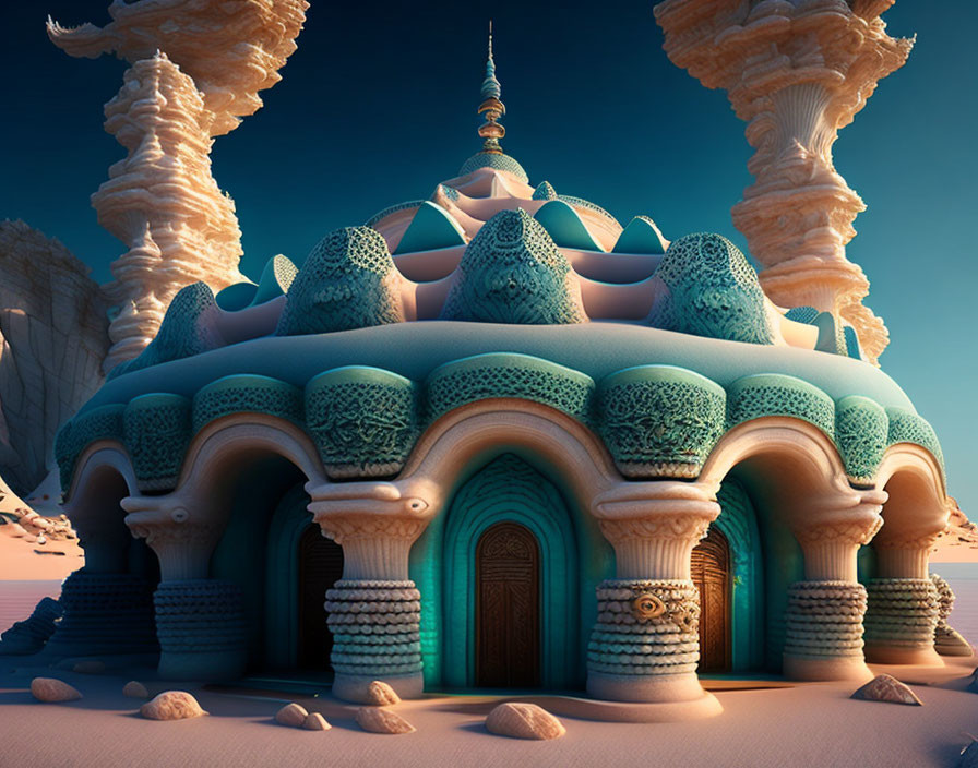 Turquoise domed palace in desert rock formations at twilight