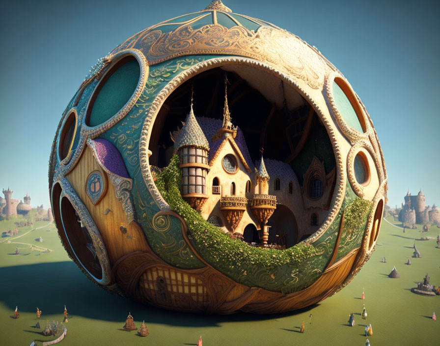 Intricate spherical structure with castles and towers in pastoral landscape