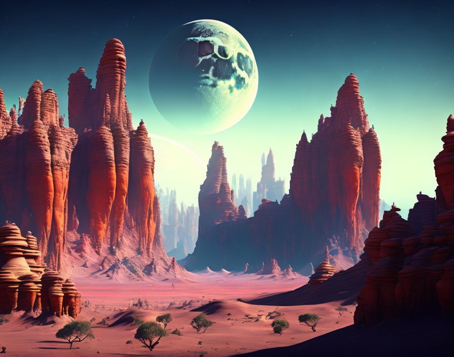 Surreal desert landscape with red rock formations and large moon