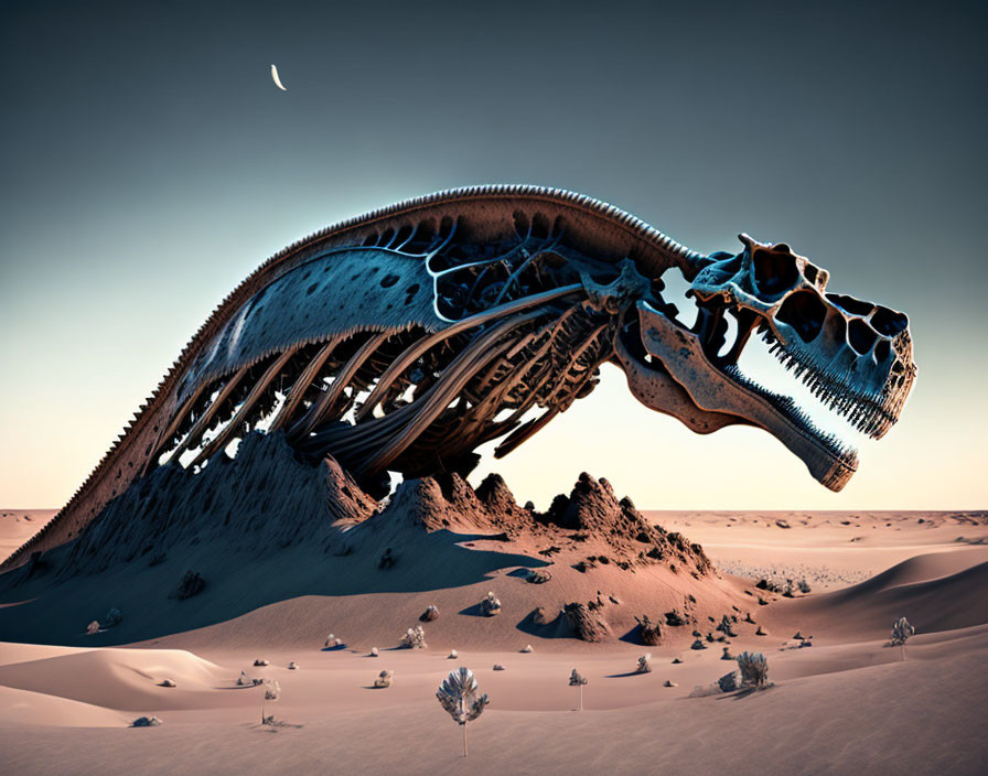 Gigantic dinosaur skeleton uncovered in desert landscape at night