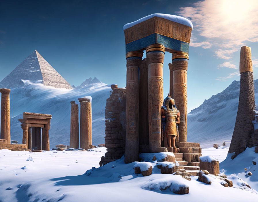 Ancient Egyptian temple with pillars and statues in snowy landscape