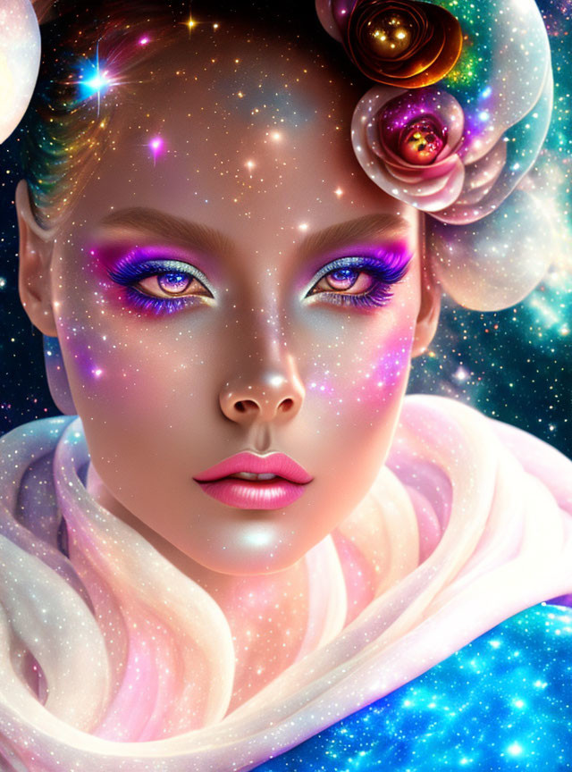 Portrait of a Woman with Cosmic Makeup and Galaxy Background