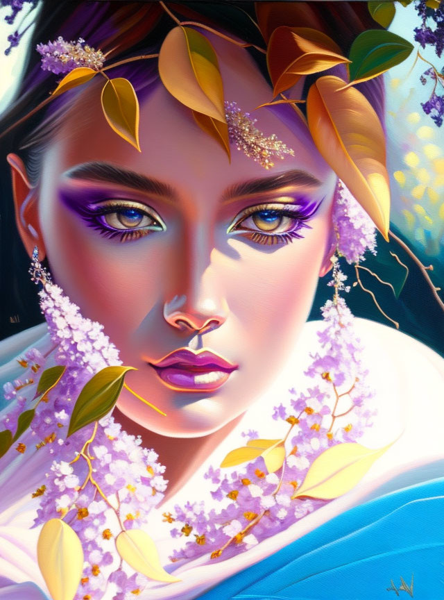 Portrait of Woman with Golden Foliage, Lilac Blooms, Purple Eyeshadow, and