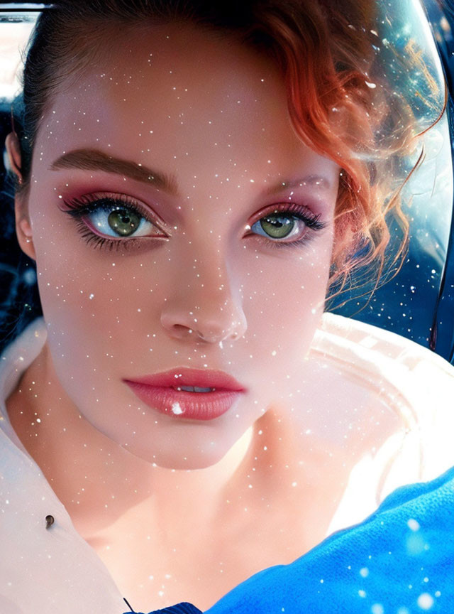 Vibrant makeup on woman with sparkling eyes in blue outfit