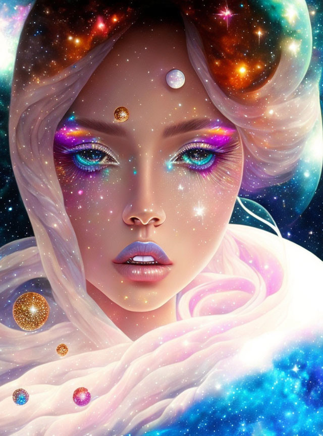 Digital Artwork: Woman with Cosmic-Themed Complexion and Celestial Makeup