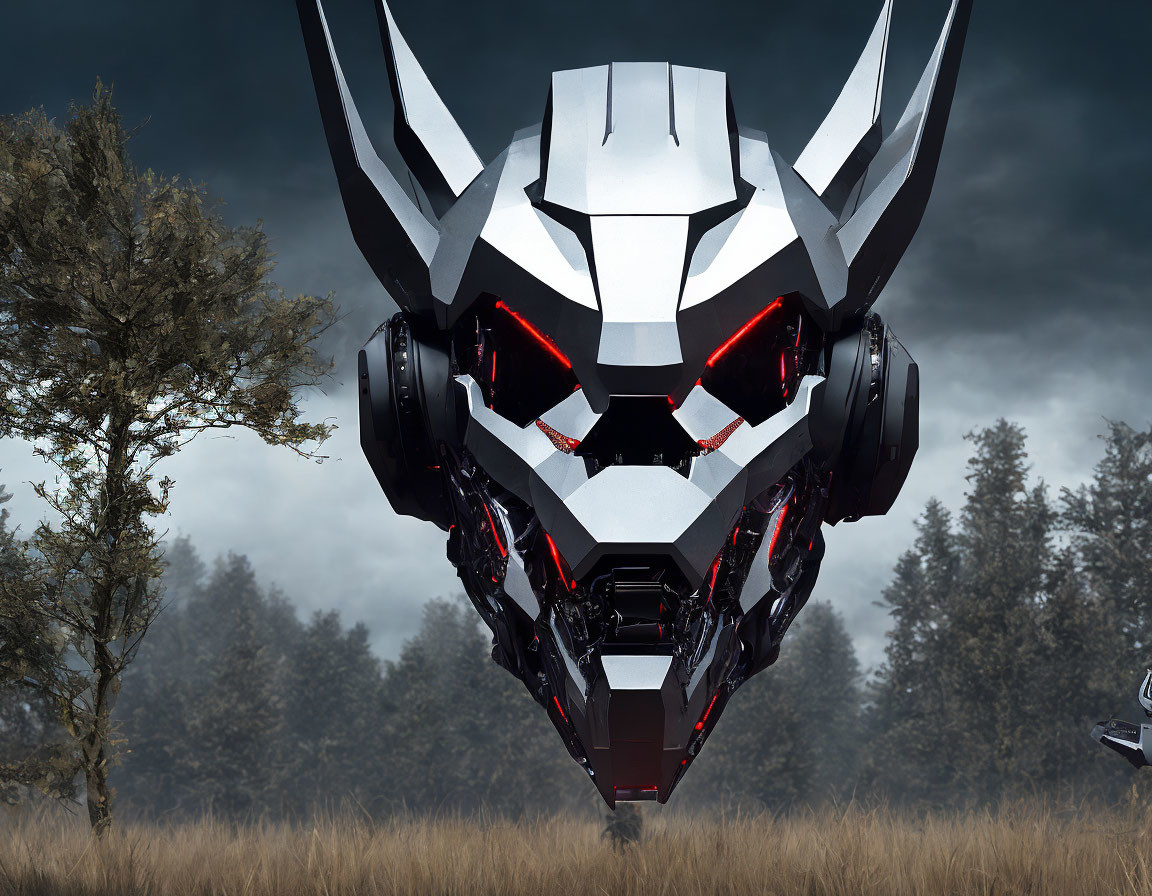 Futuristic robotic wolf head with glowing red eyes above a field