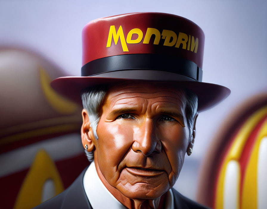 Gray-haired man in black suit with red "MONDRIM" hat in stylized illustration