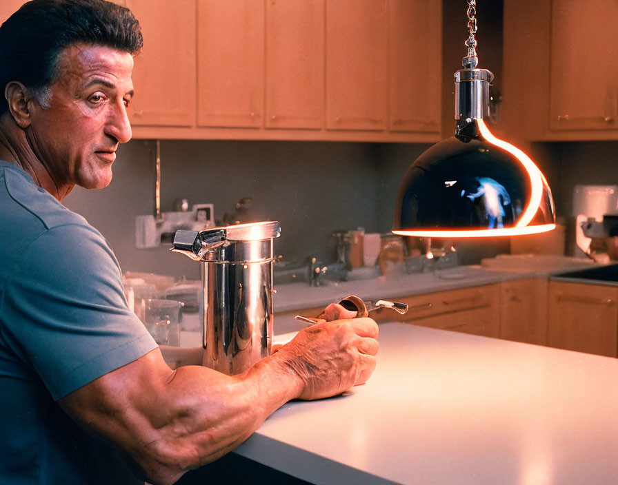 Person sitting at kitchen counter with pendant light, holding pen, looking thoughtful.