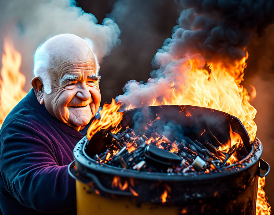 Elderly man sitting next to flaming barrel with smoke drifts into the air