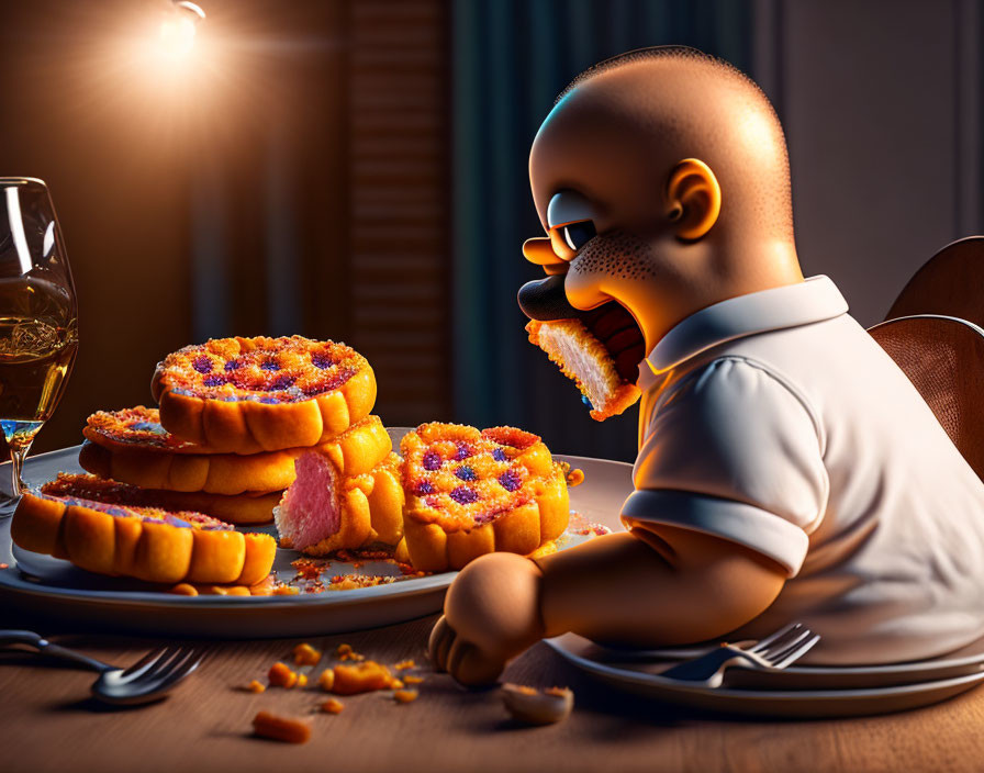 Animated bald character with oversized head eyes colorful doughnuts on table