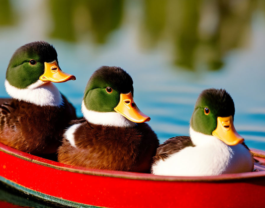 Three Mallard-Styled Rubber Ducks on Red Surface with Water Background