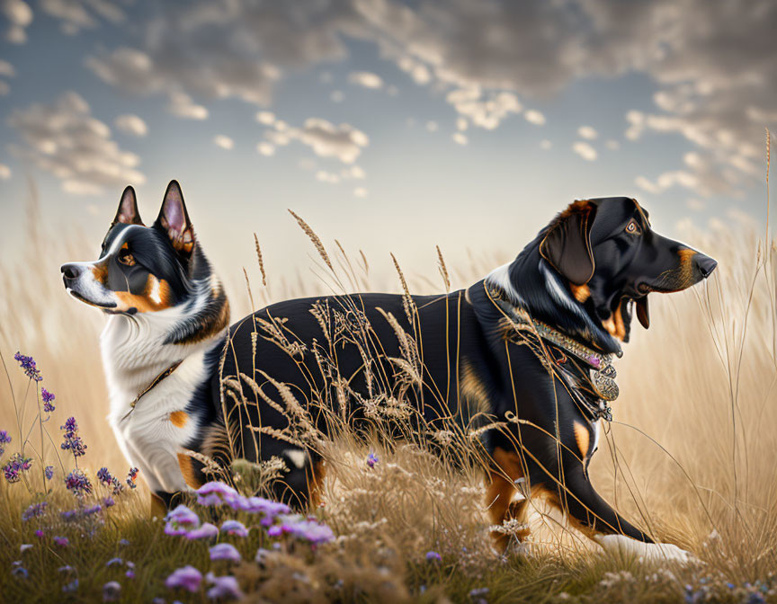 Two Dogs Standing in Field with Tall Grass and Purple Flowers