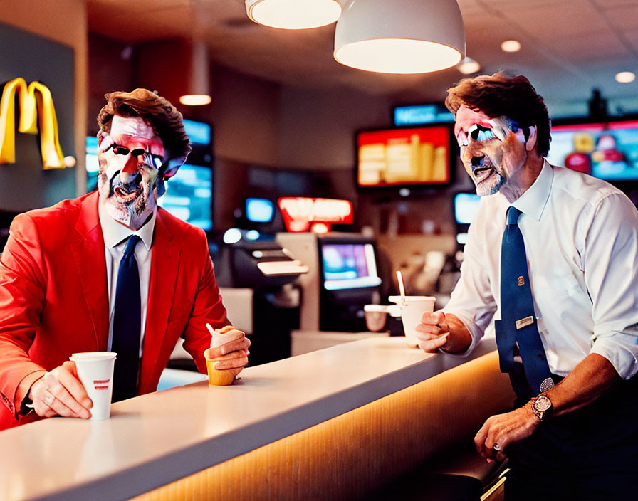 Two men in business attire with tiger face paint at McDonald's counter talking with drinks