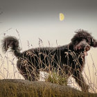 Two Dogs Standing in Field with Tall Grass and Purple Flowers