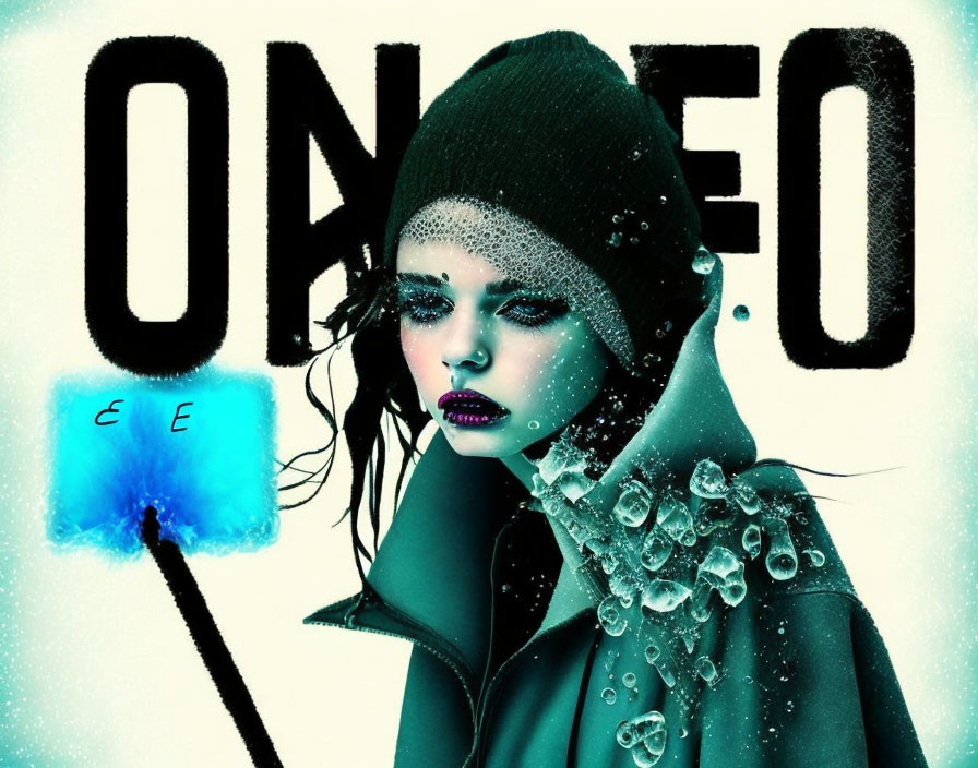 Stylized image of person with beanie and water beads holding blue fluffy object on "ONEO