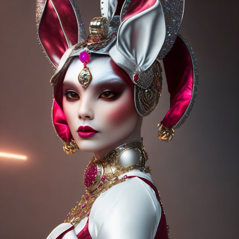 Elaborate White and Pink Costume with Rabbit Ears and Futuristic Makeup