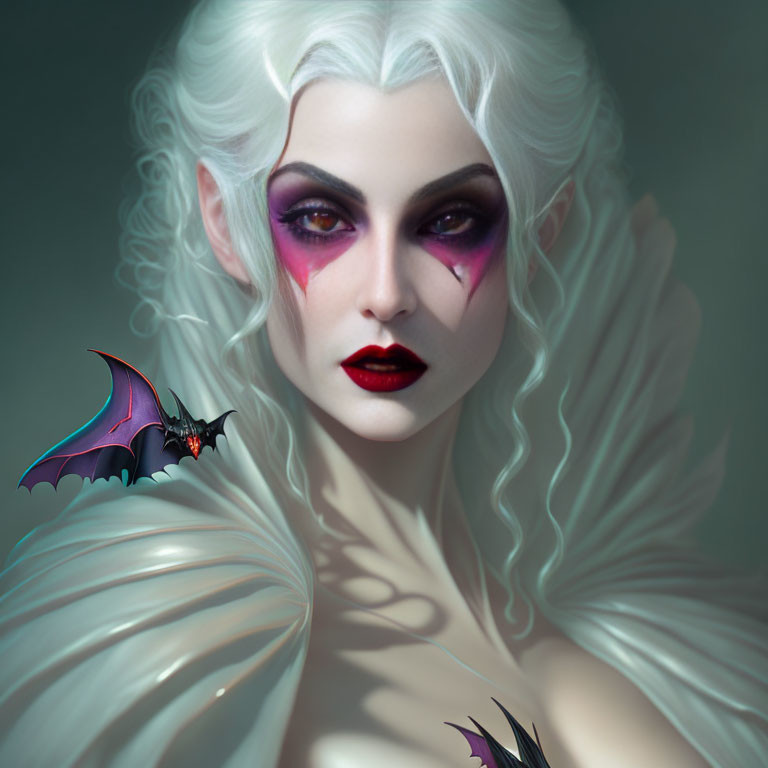 Digital Artwork: Pale Woman with White Hair and Bat Companion