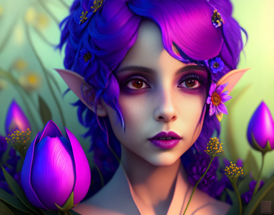 Fantasy portrait of female character with pointed ears and purple hair in lush violet flora