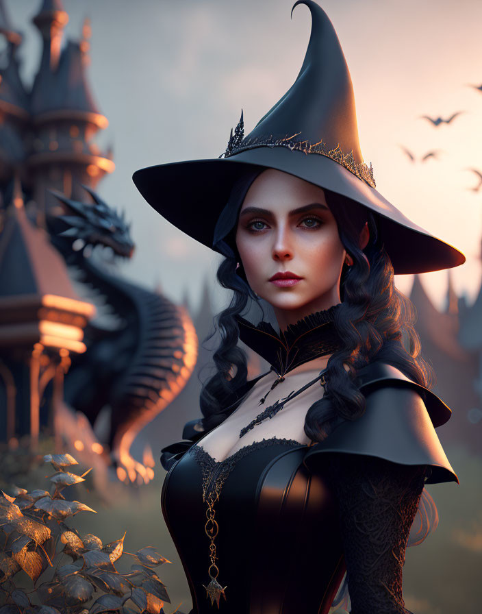 Digital artwork: Witch with pointed hat, castle, dragon, mystical aura, dusk setting, bats flying