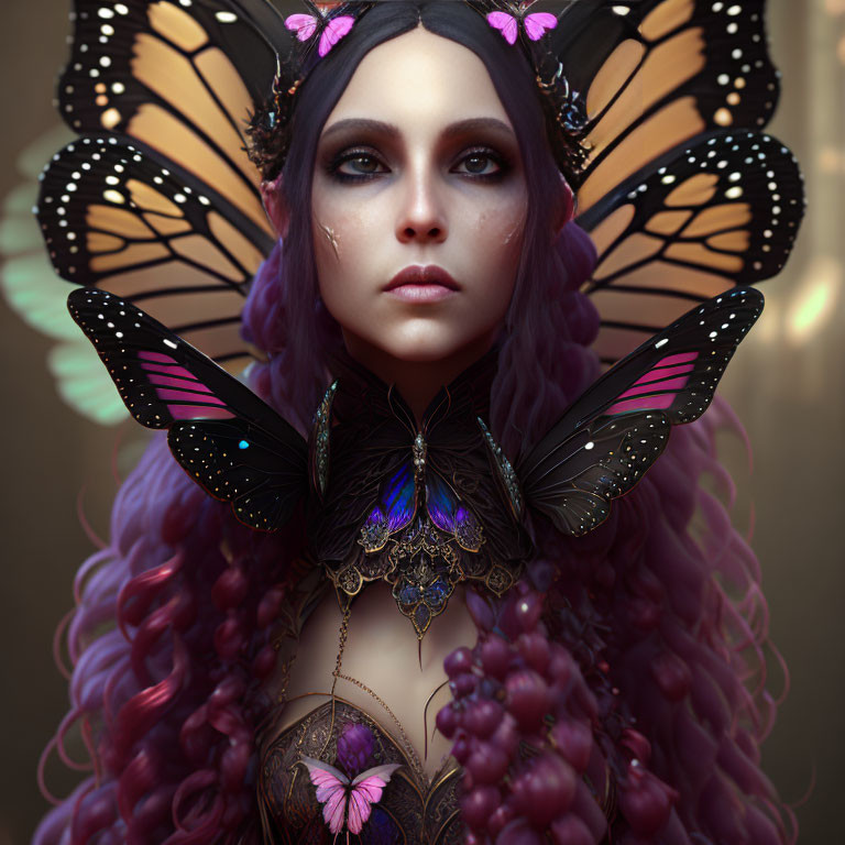 Vibrant portrait of a person with purple hair and butterfly wings.