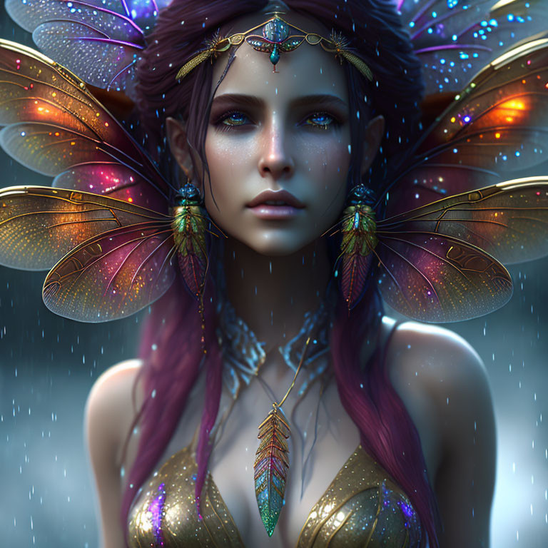 Colorful Butterfly Wings Fantasy Portrait with Purple Hair and Golden Headpiece