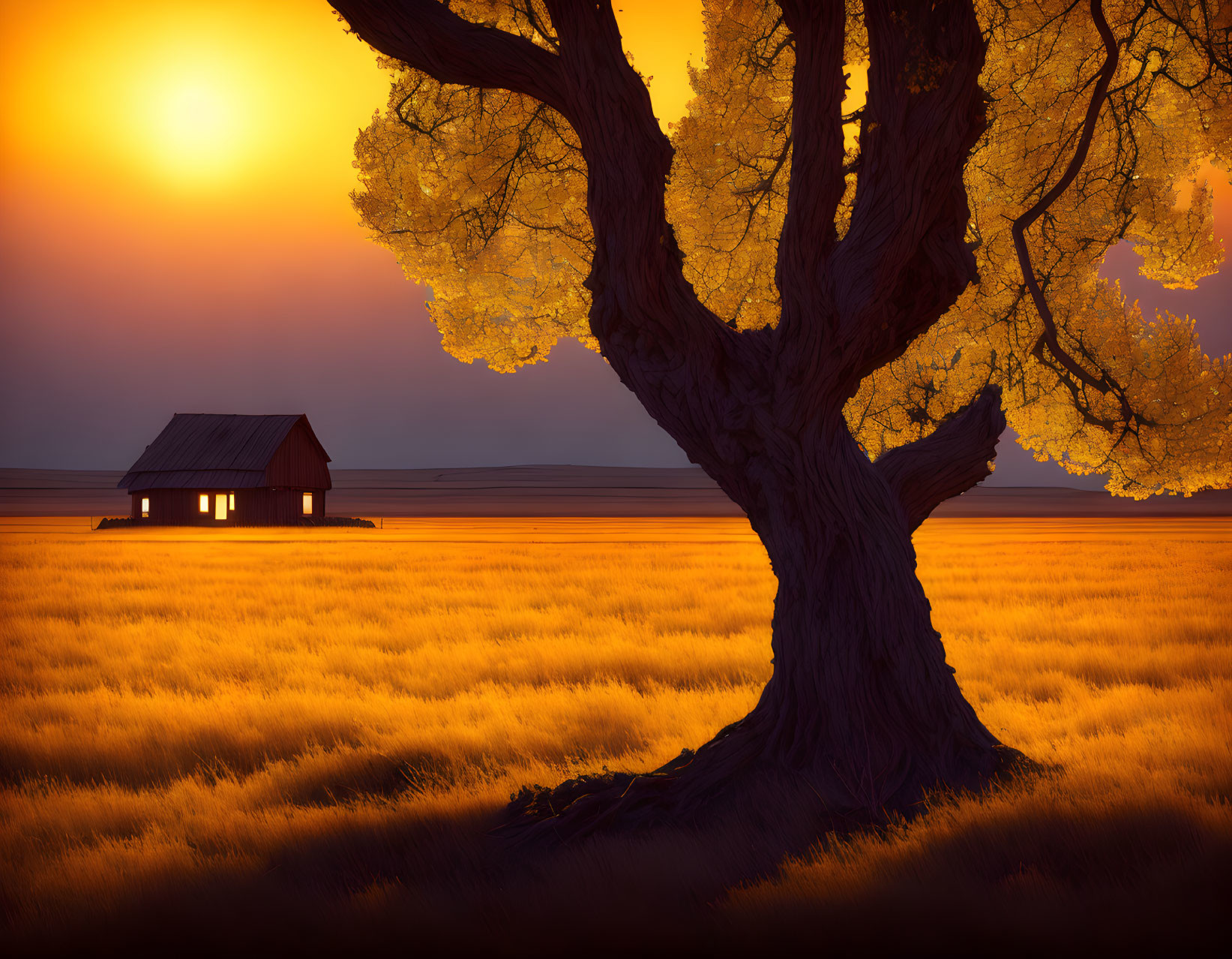 Golden-leaved tree overlooking wooden house in amber field under sunset sky