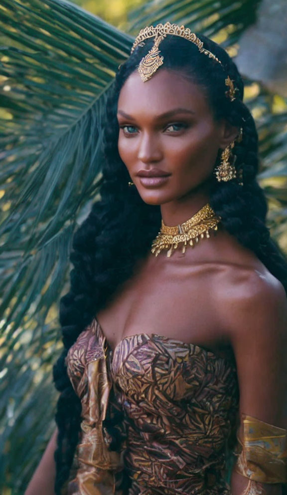 Braided hair woman in golden headpiece and dress against palm backdrop