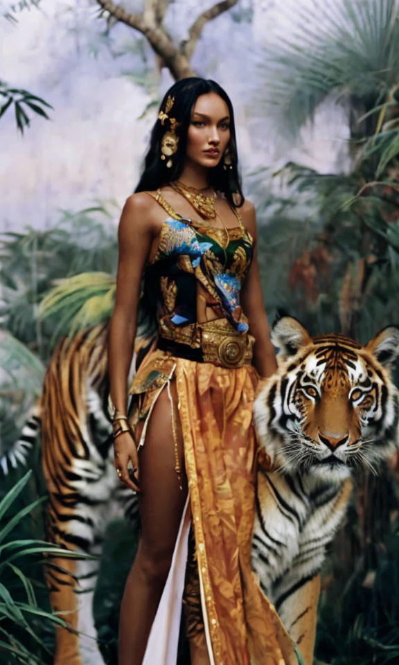 Woman in ornate costume with tiger in jungle setting