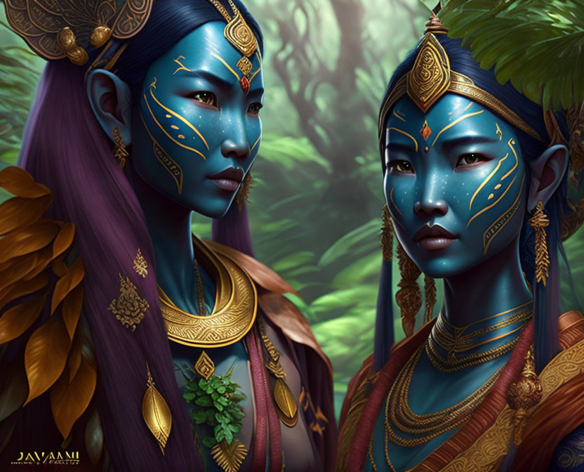 Blue-skinned mystical beings with golden tattoos and elaborate jewelry on a lush green background