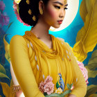 Traditional Yellow Attire Woman Illustration with Full Moon and Floral Elements