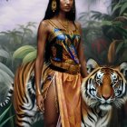 Woman in ornate costume with tiger in jungle setting