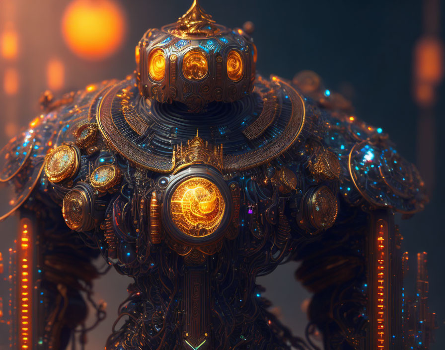 Golden and blue accented robot in futuristic cityscape with glowing lights