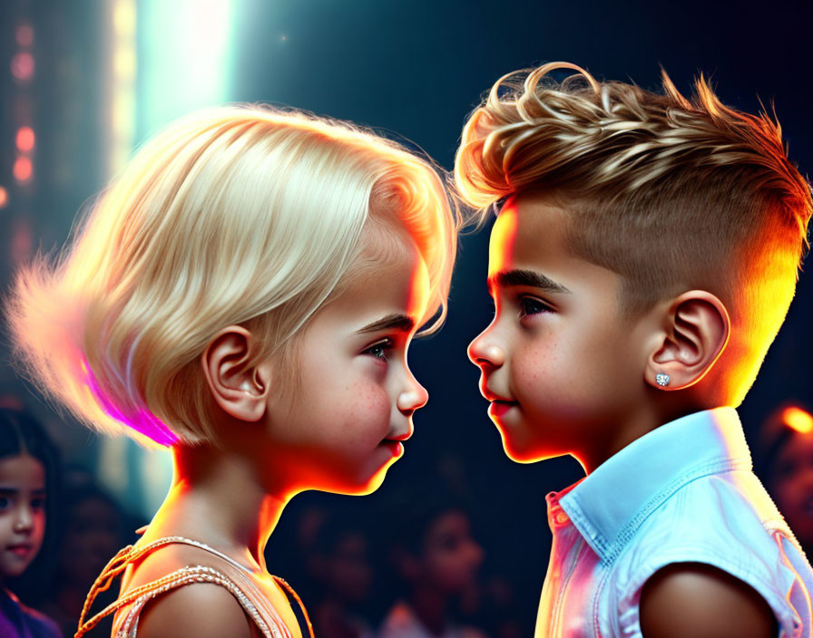 Stylized animated children in colorful backlighting with soft-focus crowd