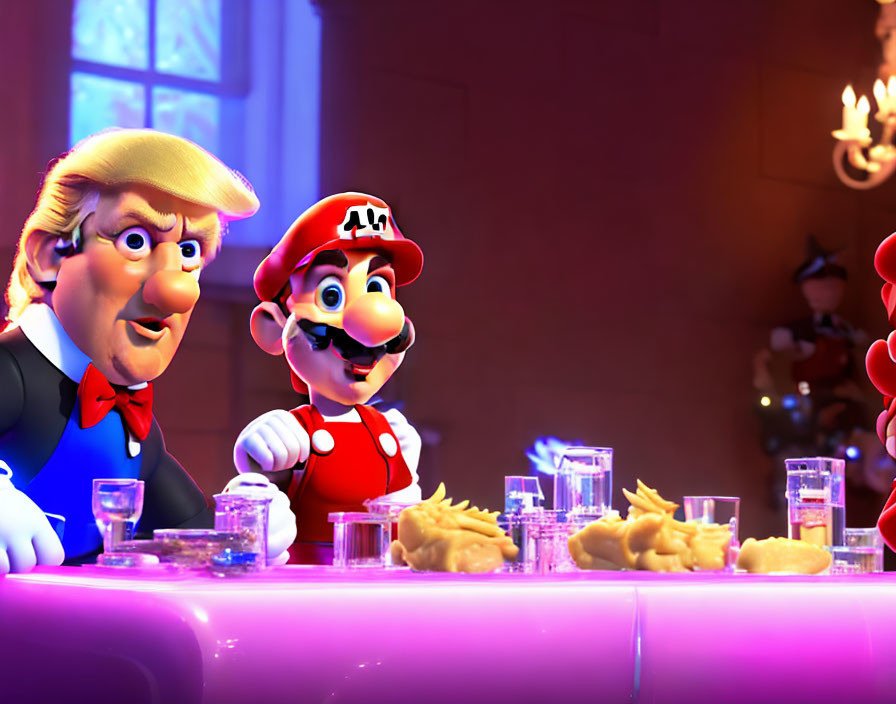 3D animated character resembling Donald Trump with Super Mario at a bar surrounded by beverages and snacks in warm